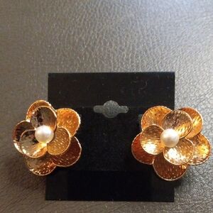 Gold Floral Clip-On Earrings with Pearl Accent